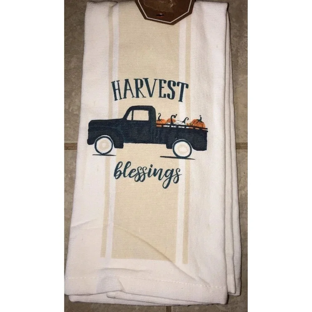NWT Cuisinart  2 Pack Kitchen Towels Fall Harvest Blessings Blue Truck 16” X 26”